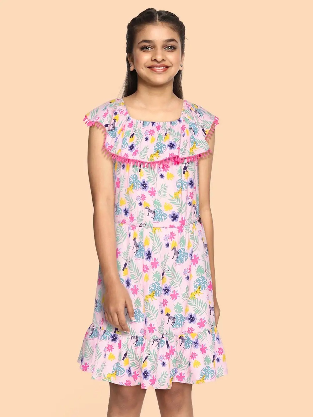 Allen Solly Girls' Pink Tropical Print Ruffle Sundress w/ Built-In Shorts